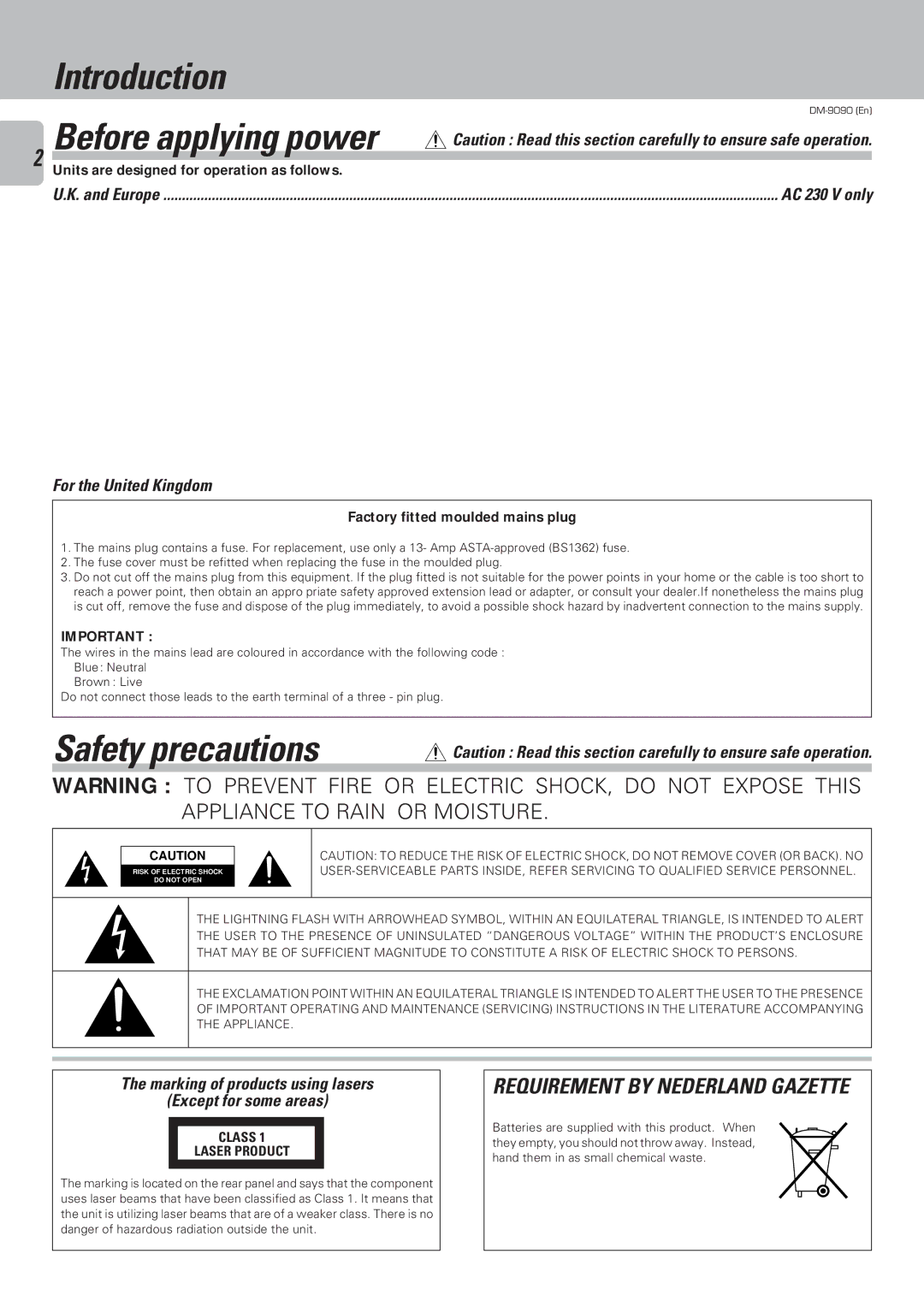 Kenwood DM-9090 Introduction Before applying power, Safety precautions, Units are designed for operation as follows 