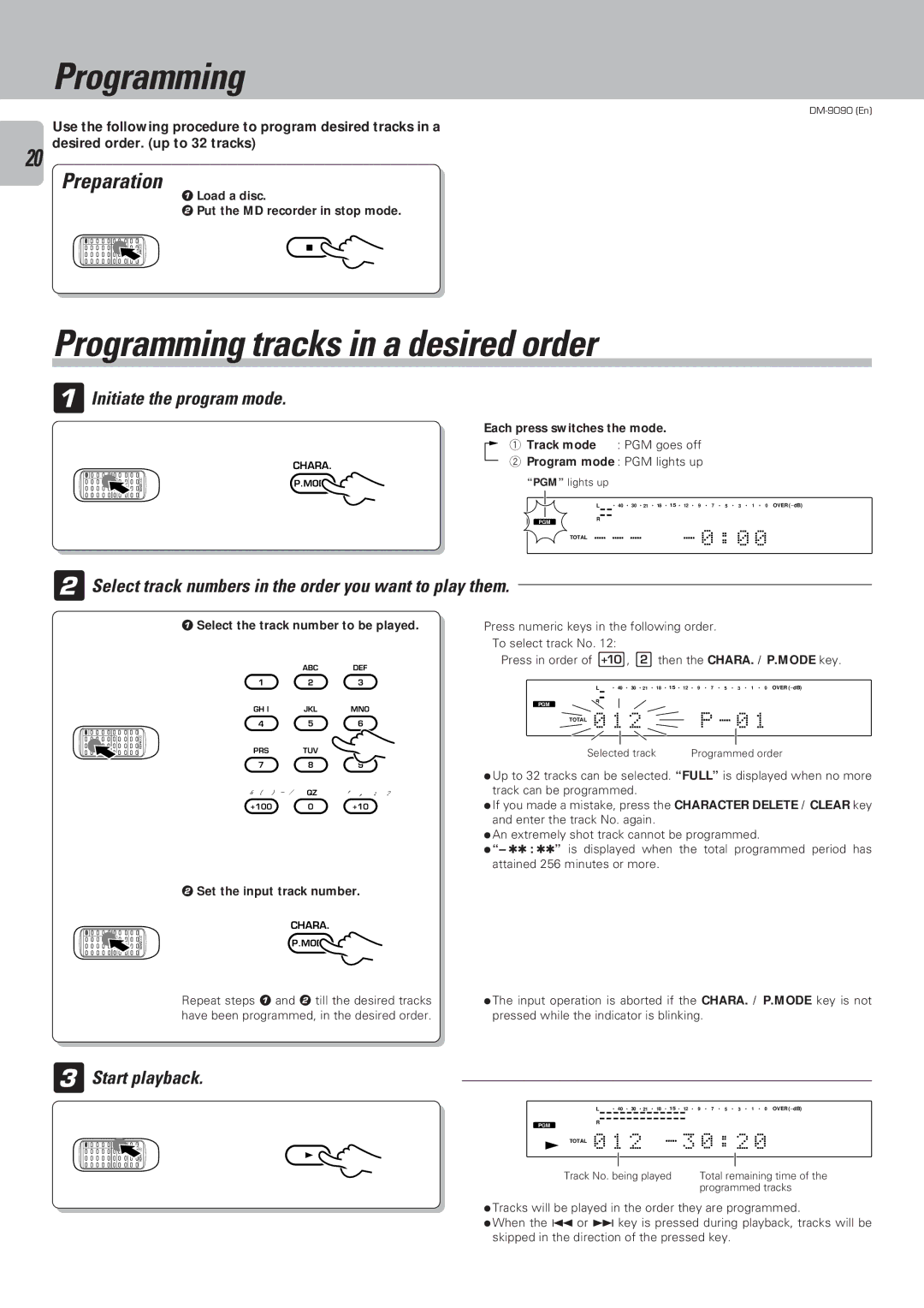 Kenwood DM-9090 instruction manual Programming tracks in a desired order, Initiate the program mode 