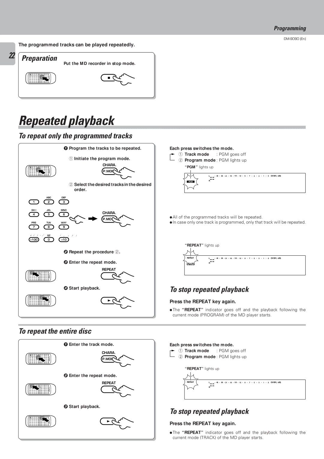 Kenwood DM-9090 instruction manual Repeated playback, To repeat only the programmed tracks, To stop repeated playback 