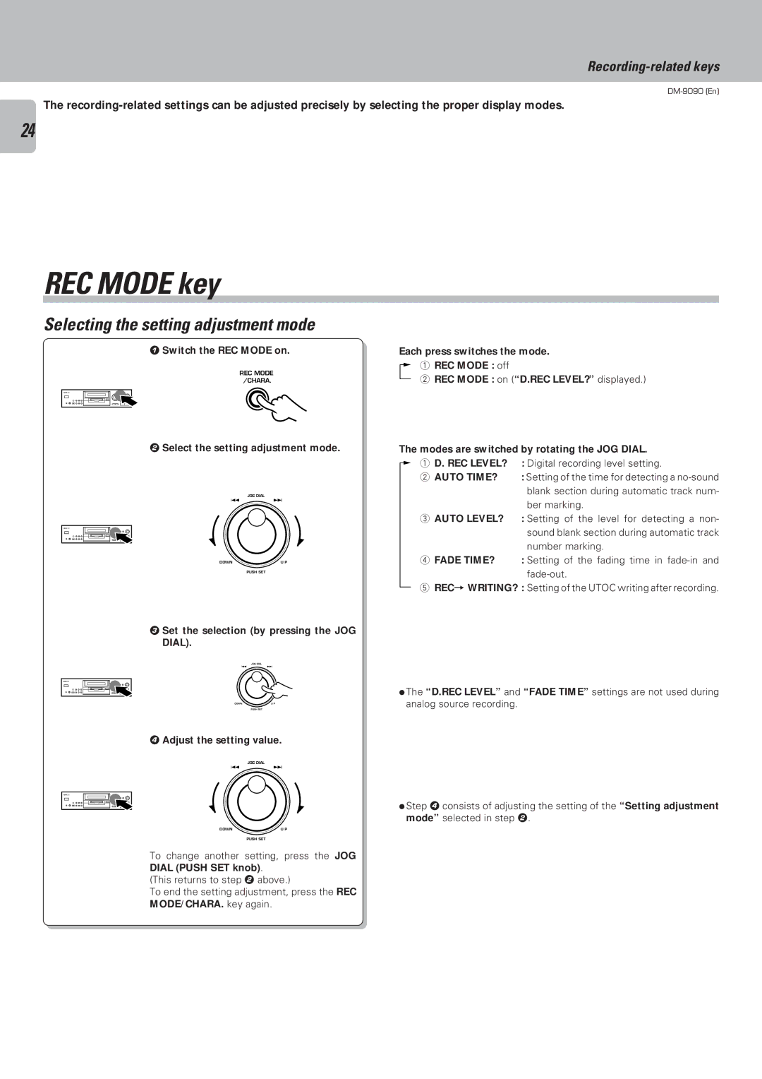 Kenwood DM-9090 instruction manual REC Mode key, Selecting the setting adjustment mode, Rec Level?, Auto TIME?, Fade TIME? 