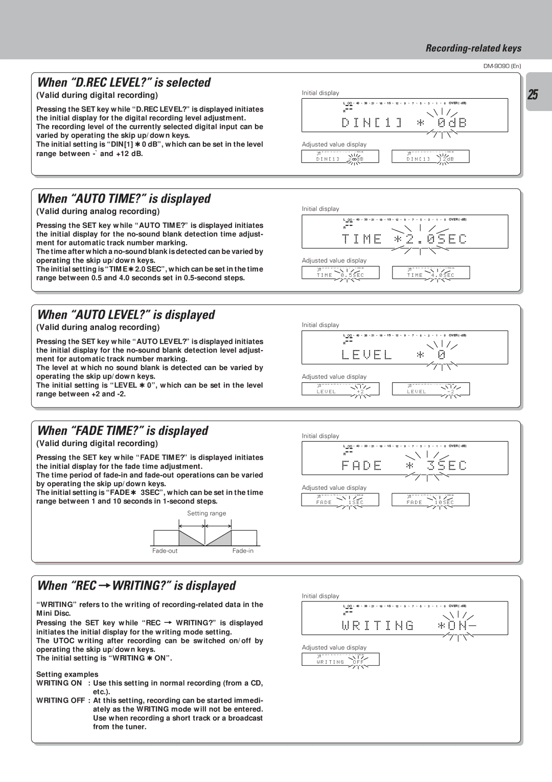 Kenwood DM-9090 When D.REC LEVEL? is selected, When Auto TIME? is displayed, When Auto LEVEL? is displayed 