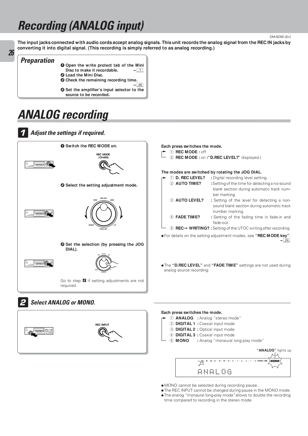 Kenwood DM-9090 Recording Analog input, Analog recording, 1Adjust the settings if required, Select Analog or Mono, A L 