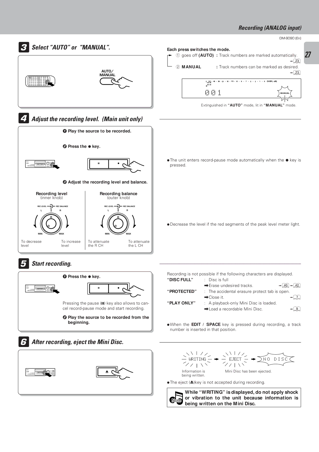 Kenwood DM-9090 instruction manual Select Auto or Manual, Adjust the recording level. Main unit only, Start recording 