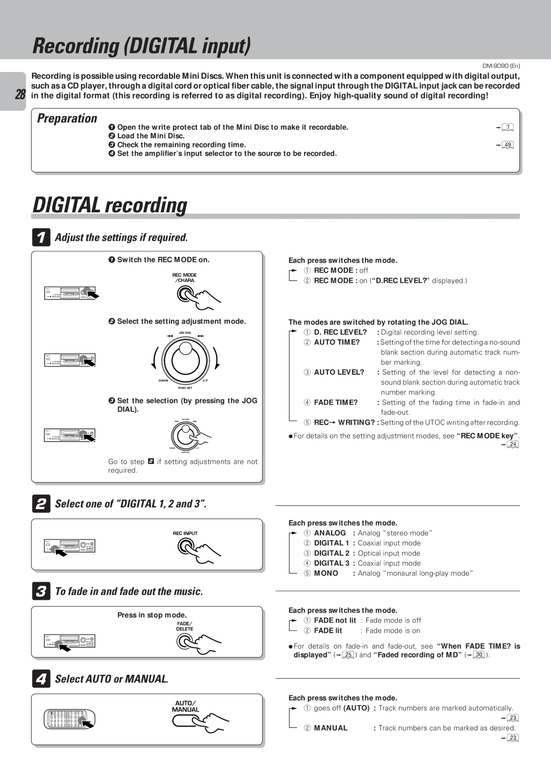 Kenwood DM-9090 Recording Digital input, Digital recording, Select one of Digital 1, 2, To fade in and fade out the music 