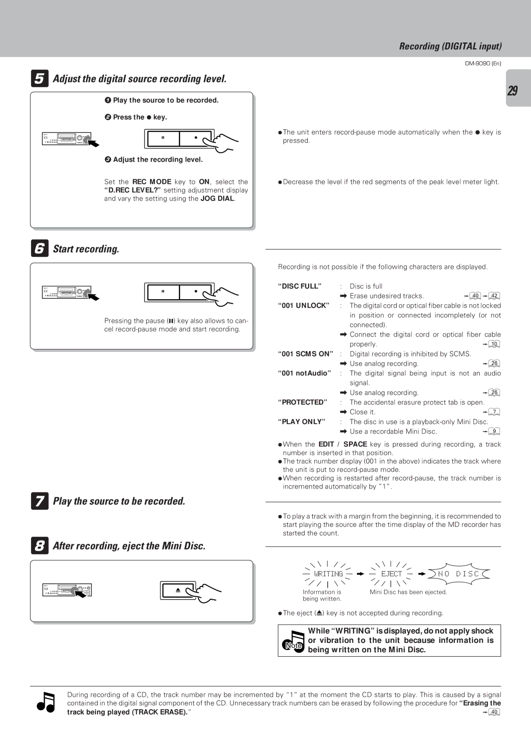 Kenwood DM-9090 instruction manual Adjust the digital source recording level, Unlock, Track being played Track Erase 