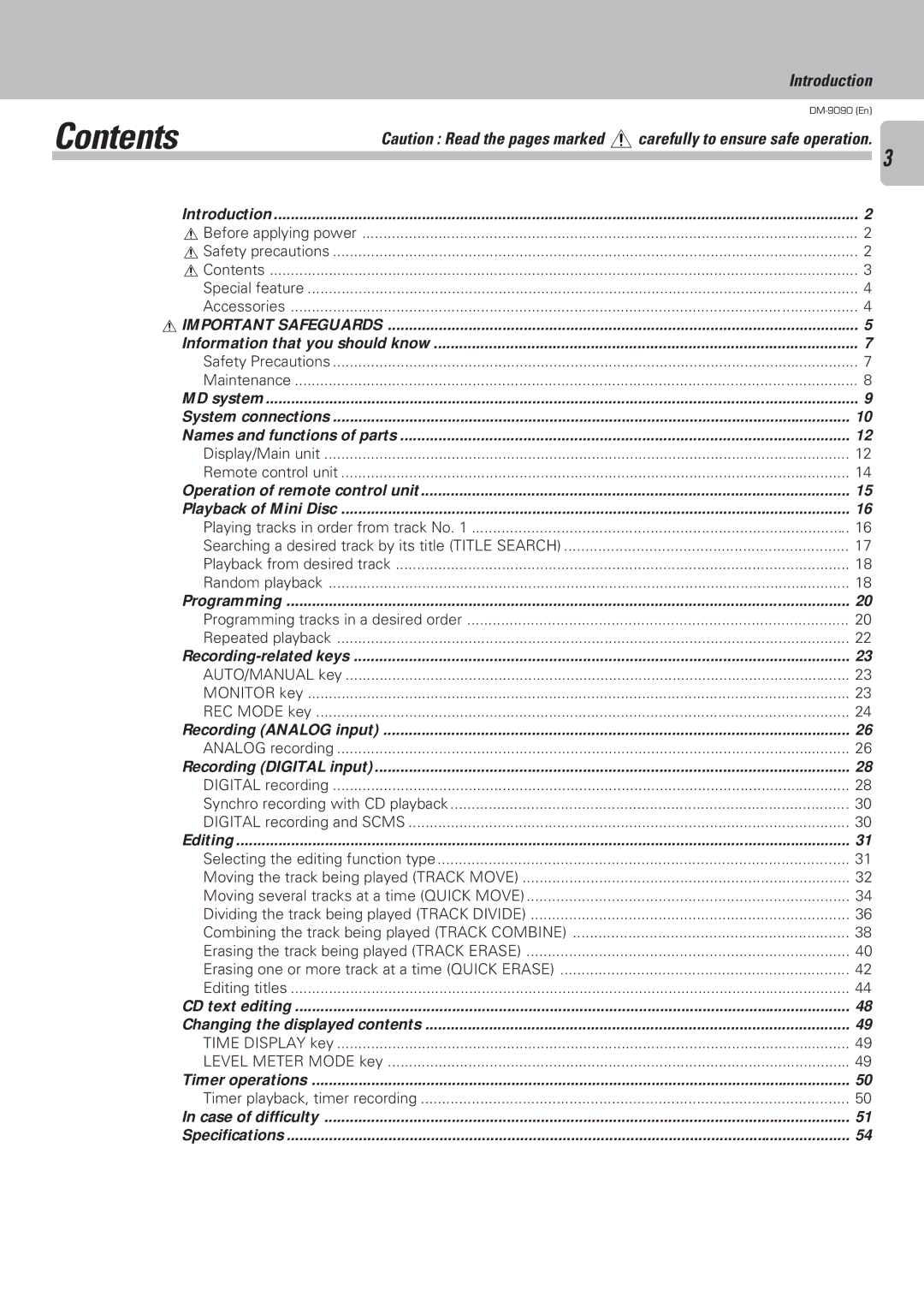 Kenwood DM-9090 instruction manual Contents 