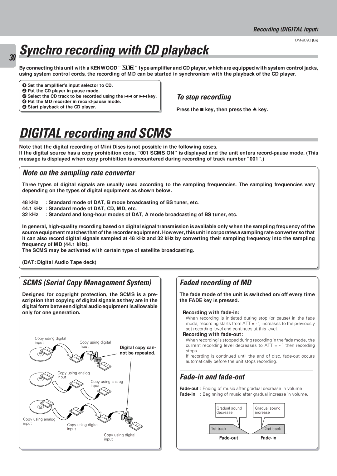 Kenwood DM-9090 instruction manual Synchro recording with CD playback, Digital recording and Scms 