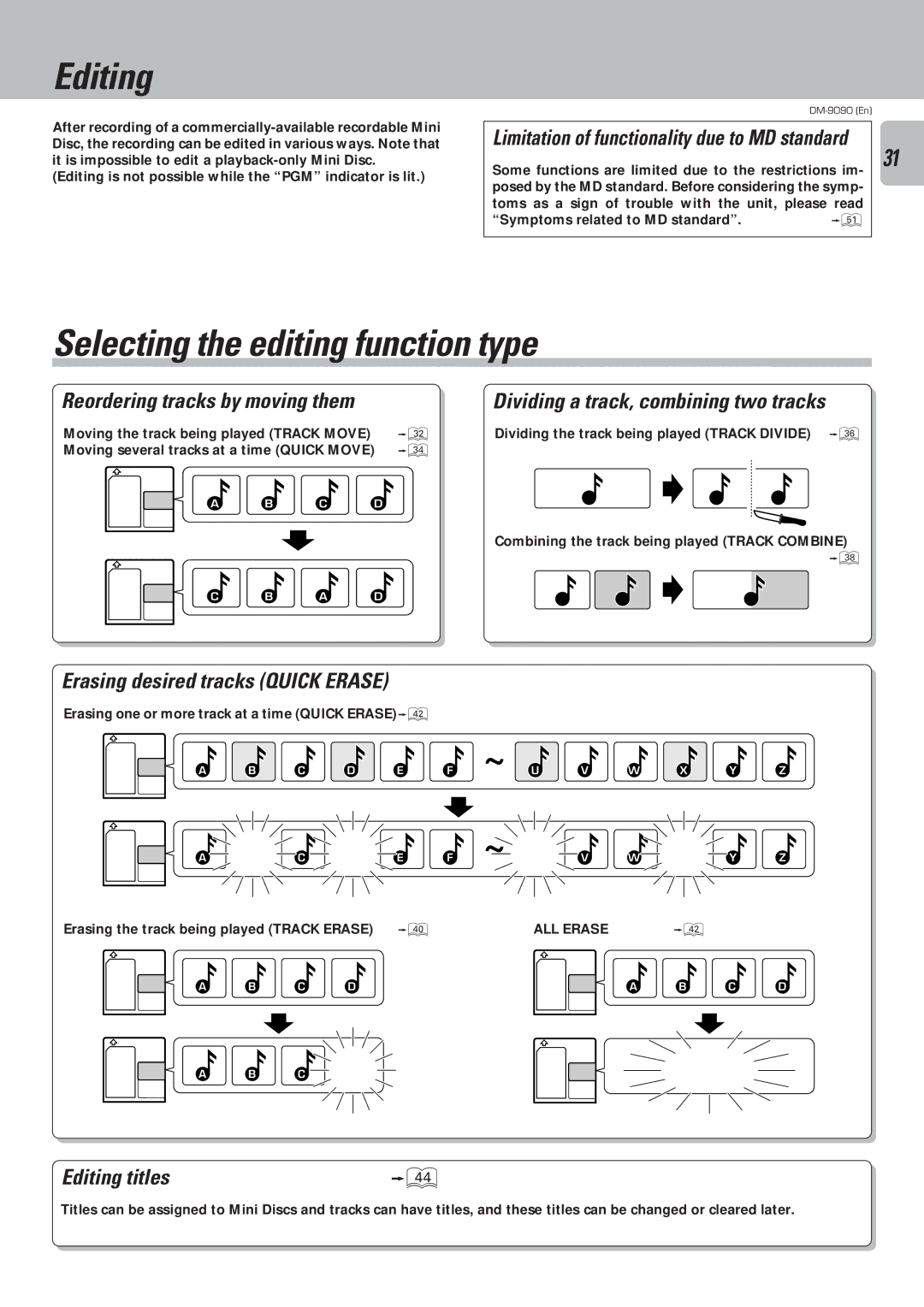 Kenwood DM-9090 Selecting the editing function type, Reordering tracks by moving them, Editing titles 