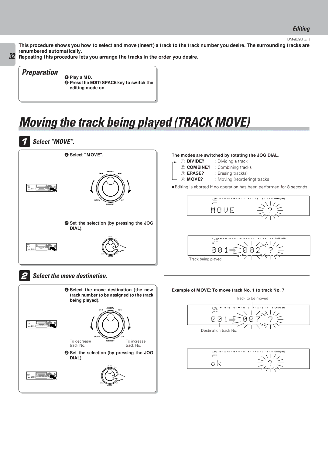 Kenwood DM-9090 Moving the track being played Track Move, Select Move, V E, Select the move destination, 1 \ 0 0 