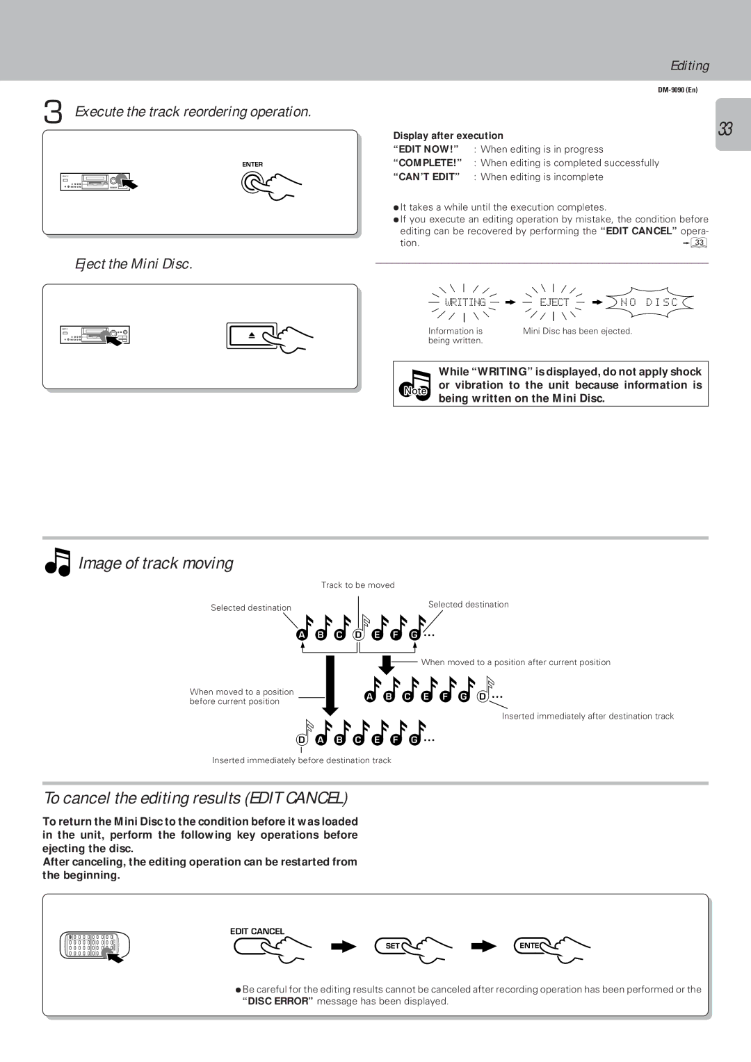 Kenwood DM-9090 Image of track moving, To cancel the editing results Edit Cancel, Execute the track reordering operation 