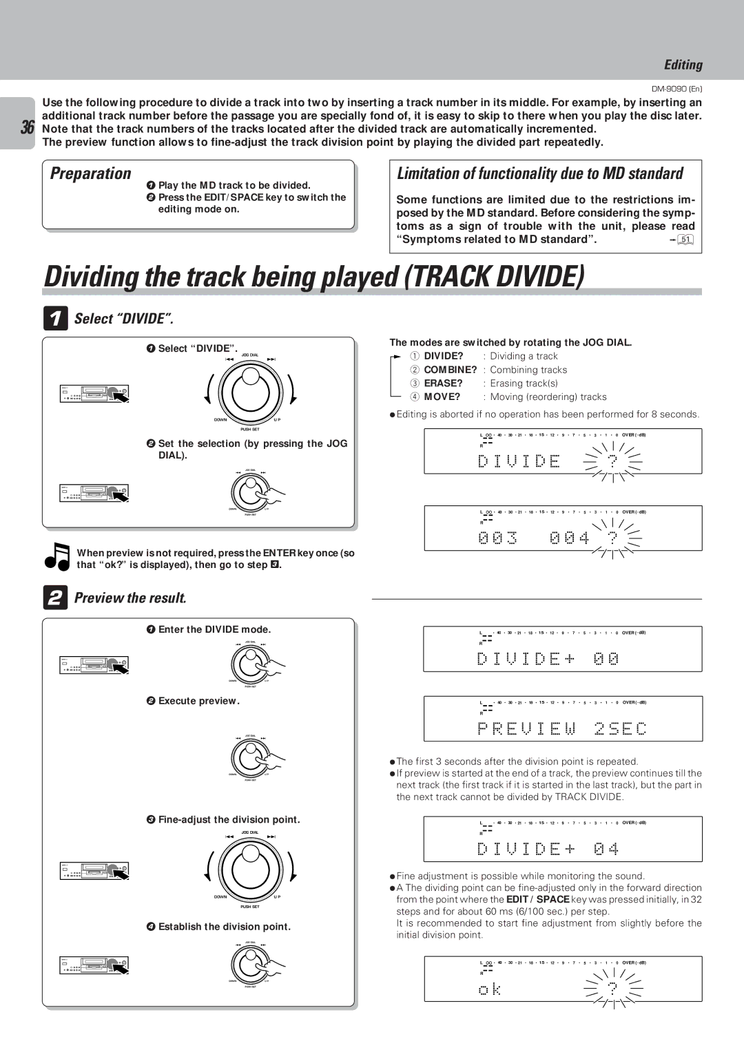 Kenwood DM-9090 Dividing the track being played Track Divide, Select Divide, 2Preview the result, V I D E + 