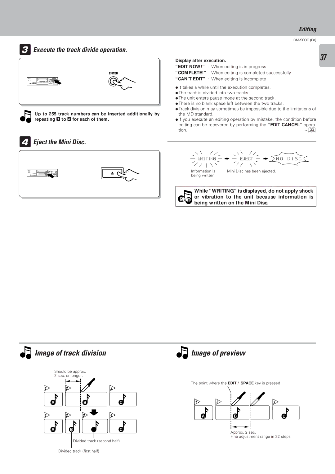 Kenwood DM-9090 instruction manual Image of preview, Execute the track divide operation, Image of track division 