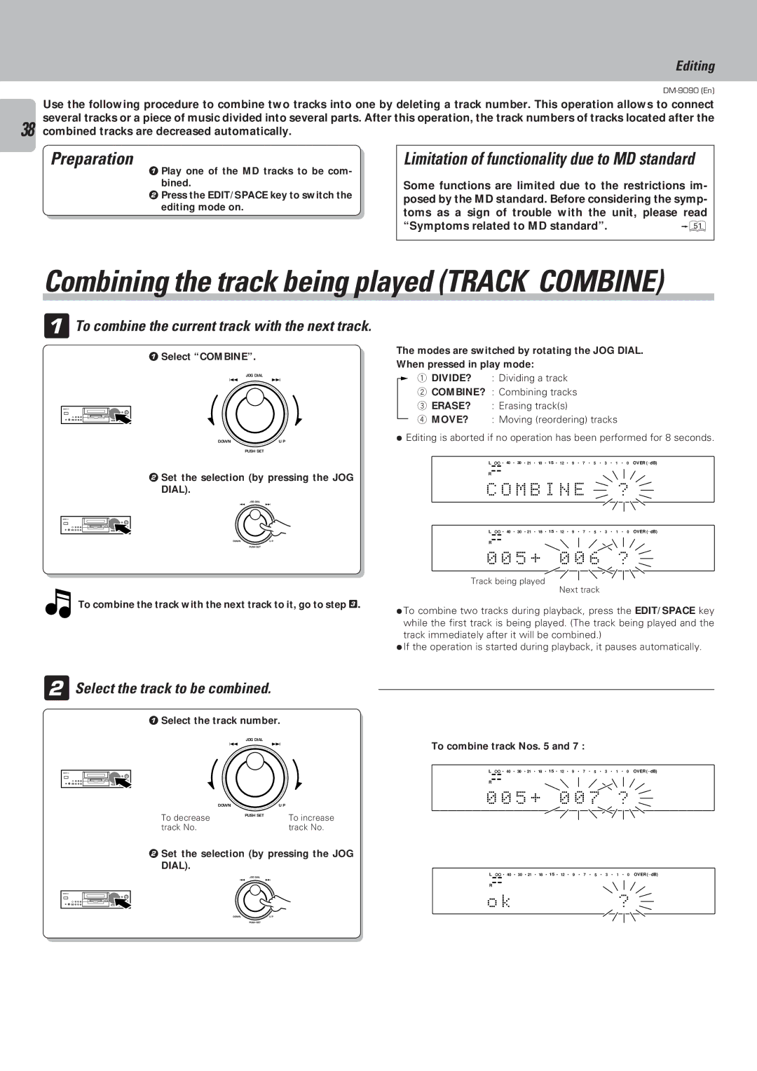 Kenwood DM-9090 instruction manual 5 +, 2Select the track to be combined, Combined tracks are decreased automatically 