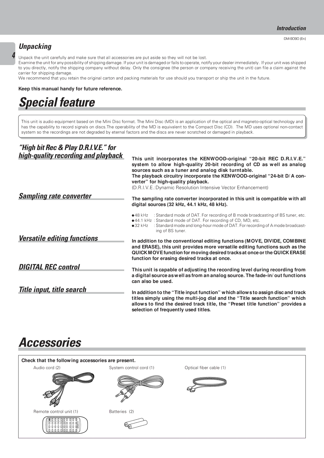 Kenwood DM-9090 instruction manual Special feature, Accessories 