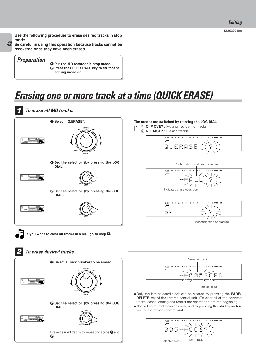 Kenwood DM-9090 instruction manual 1To erase all MD tracks, R a S E, 2To erase desired tracks, 5 ? a B C, 5 0 