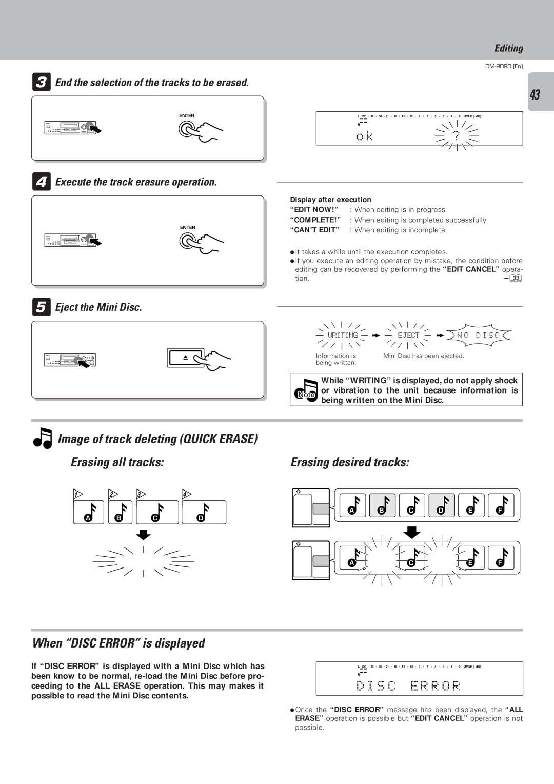 Kenwood DM-9090 Image of track deleting Quick Erase, Erasing desired tracks, When Disc Error is displayed, S C Error 