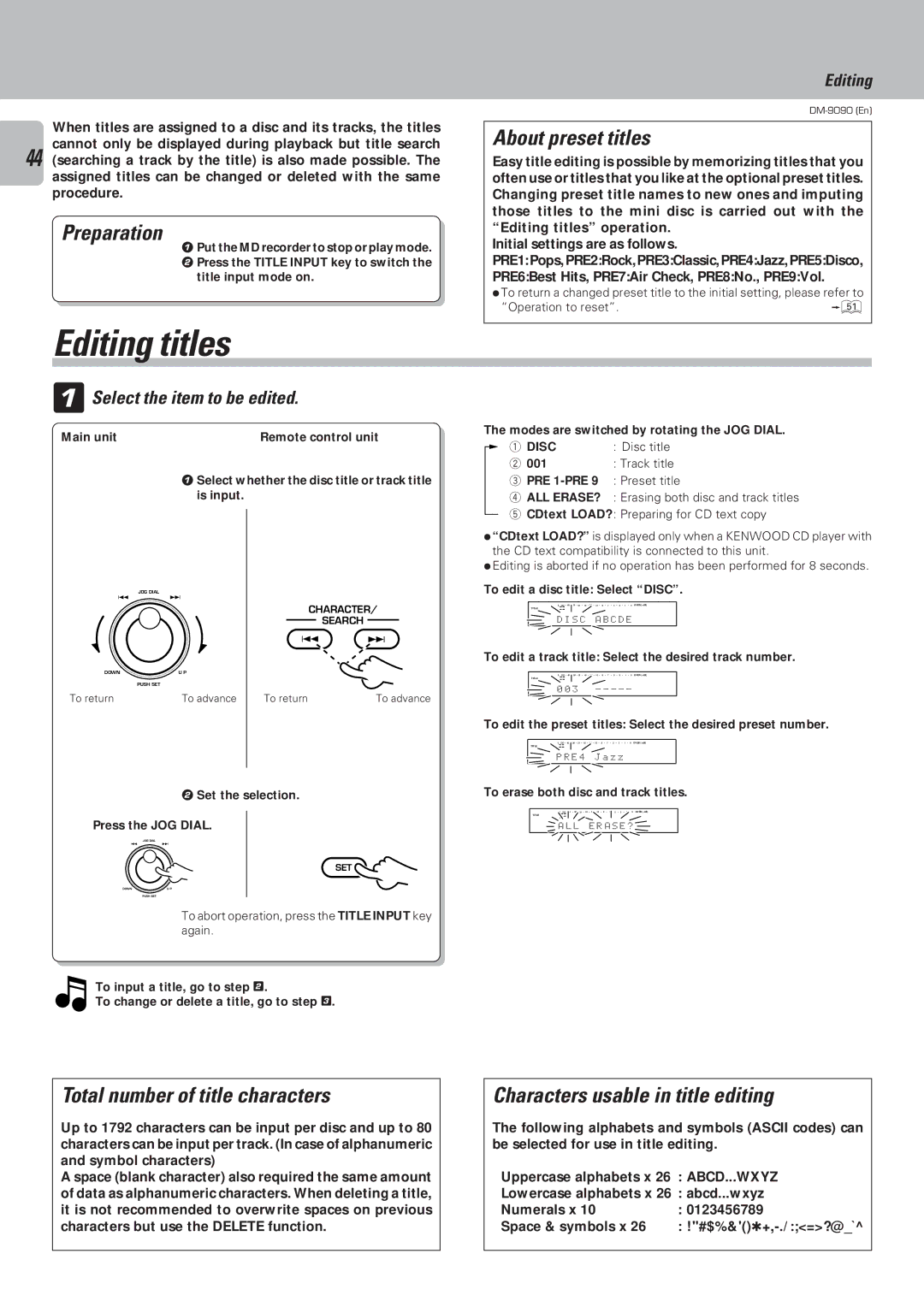 Kenwood DM-9090 Editing titles, About preset titles, Total number of title characters, Characters usable in title editing 