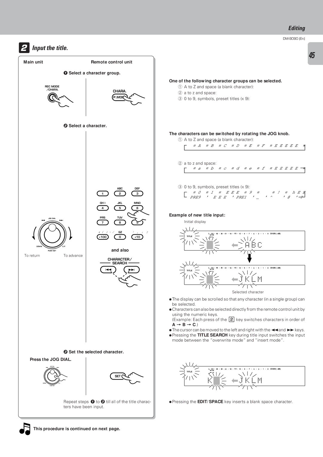 Kenwood DM-9090 instruction manual Input the title, L M 