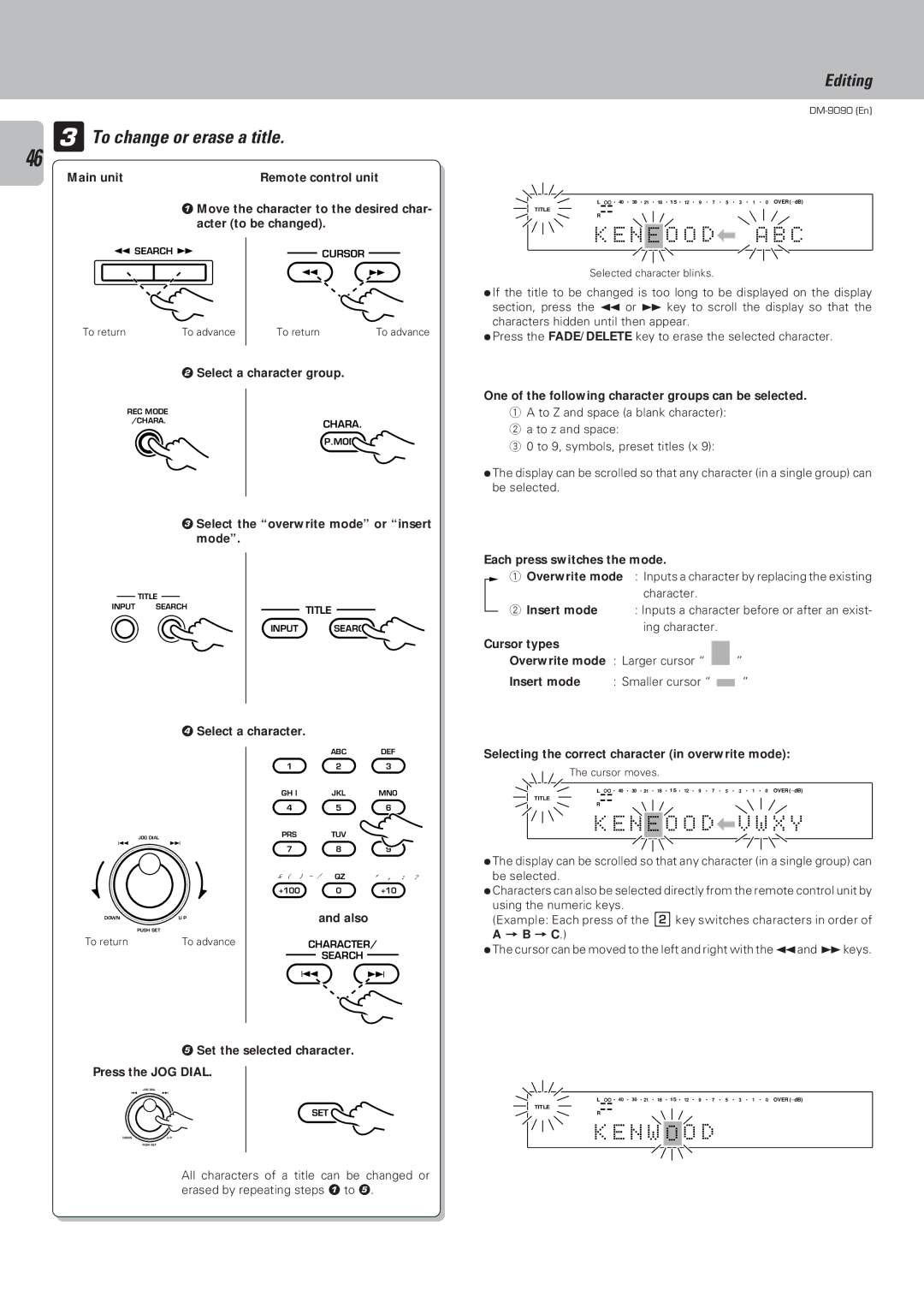 Kenwood DM-9090 instruction manual 3To change or erase a title, N E O O D a B C, N W O O D 