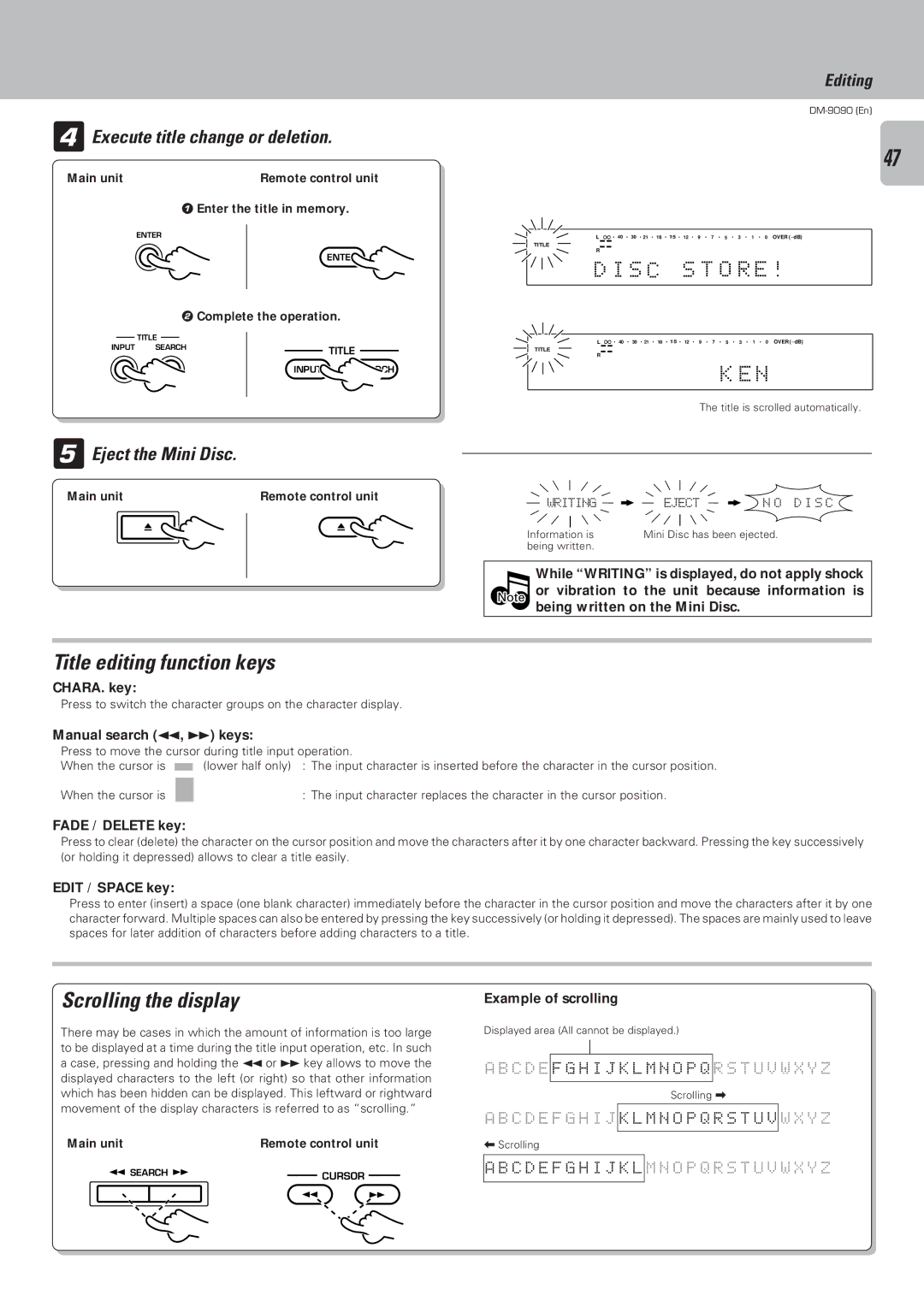 Kenwood DM-9090 Title editing function keys, Scrolling the display, Execute title change or deletion, S C, O R E 