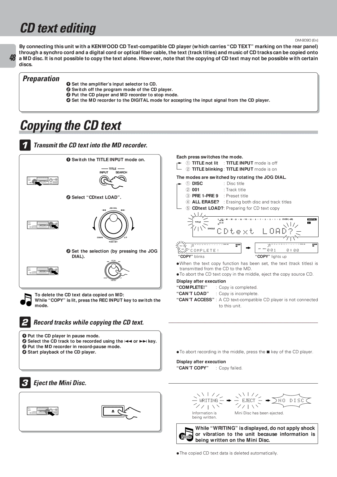 Kenwood DM-9090 CD text editing, Copying the CD text, 1Transmit the CD text into the MD recorder, Single C D t e x t 