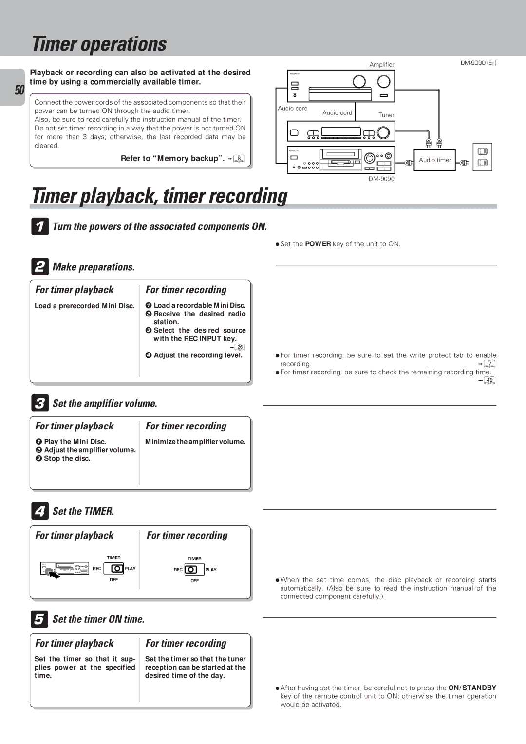 Kenwood DM-9090 instruction manual Timer operations, Timer playback, timer recording 