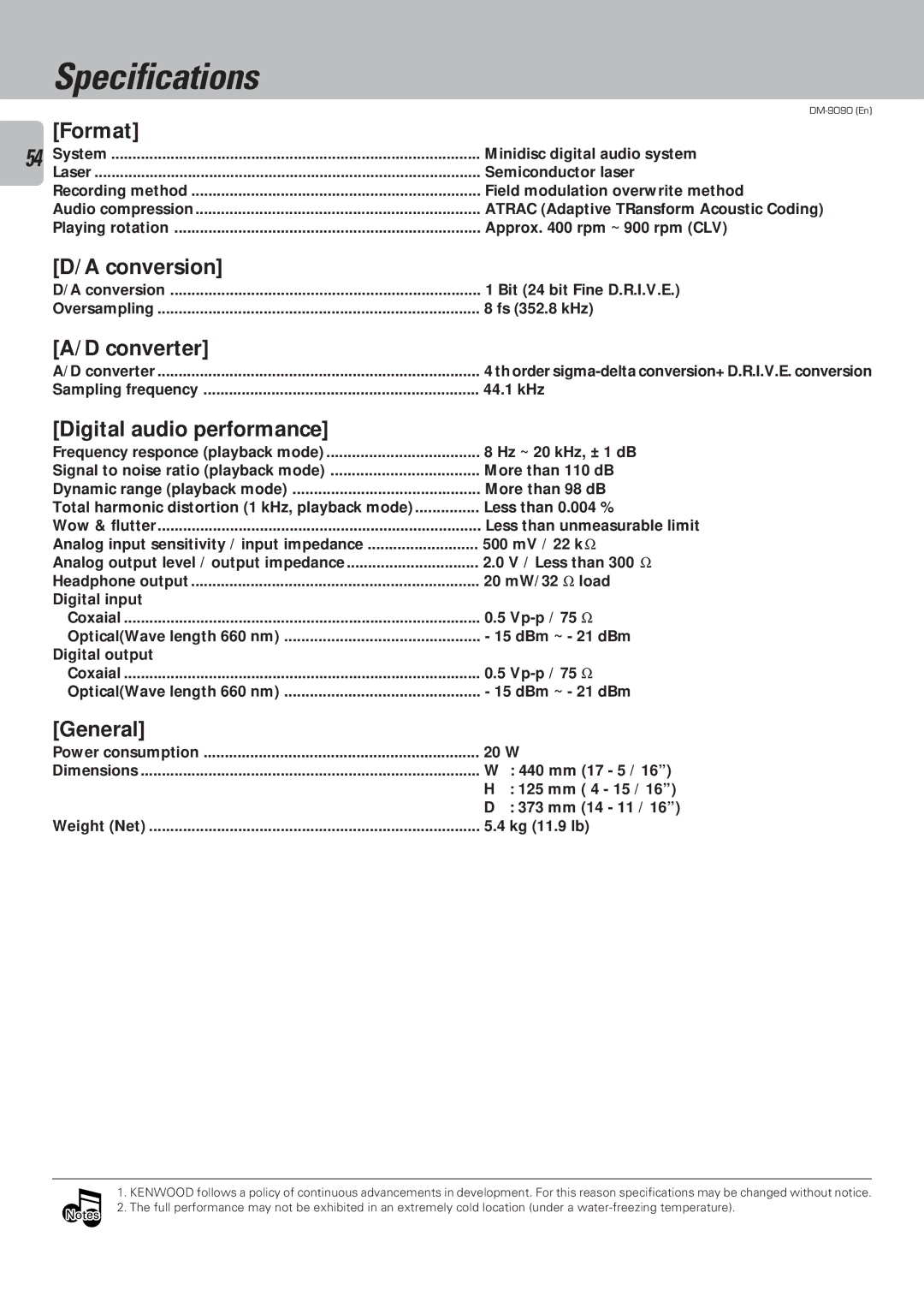 Kenwood DM-9090 instruction manual Specifications 