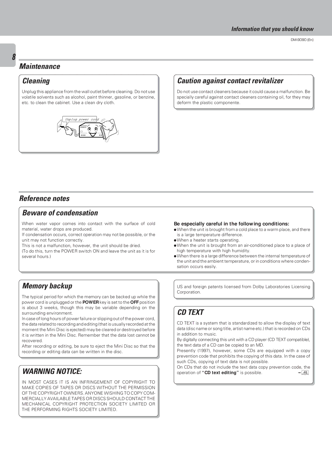 Kenwood DM-9090 instruction manual Maintenance Cleaning, Reference notes Beware of condensation, Memory backup 