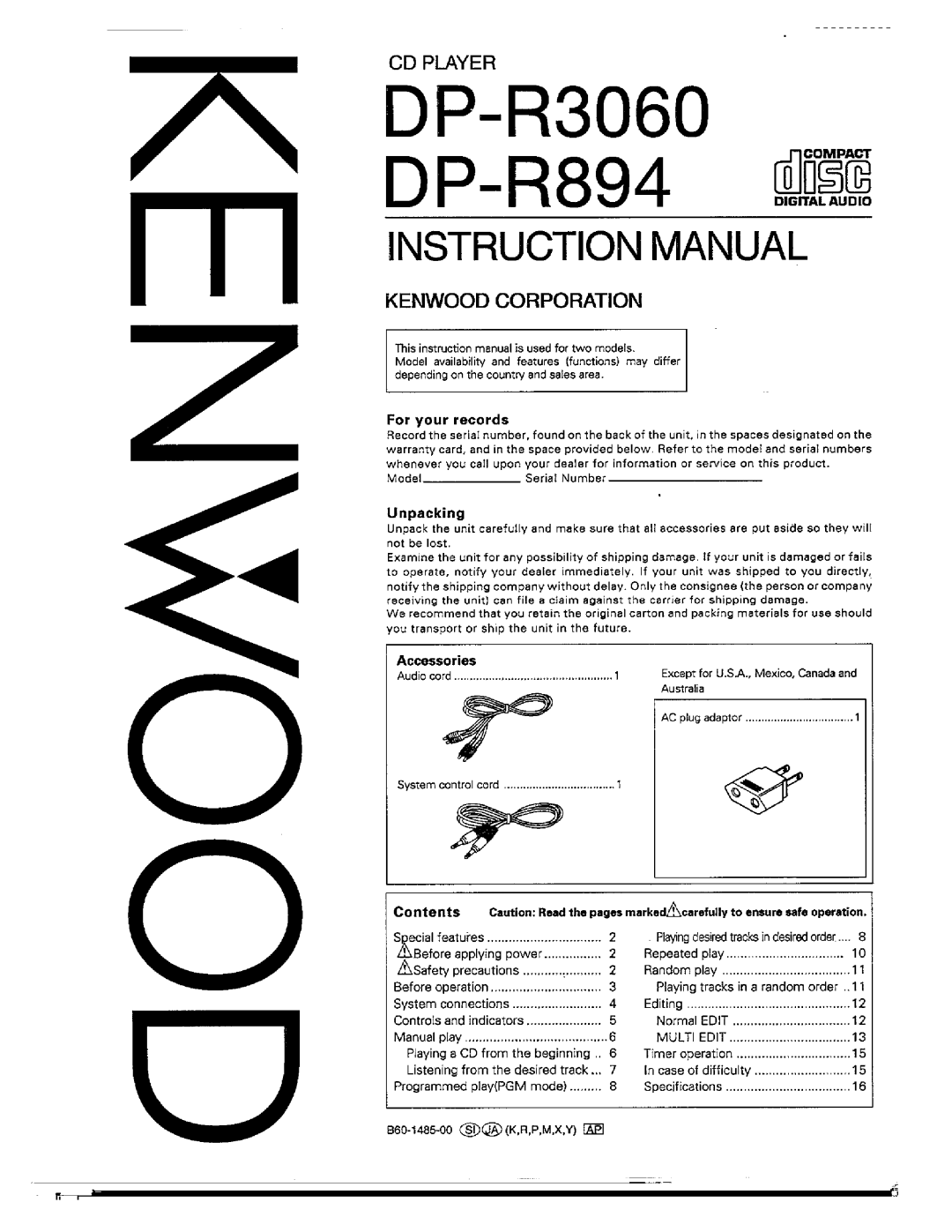 Kenwood DP-R894, DP-R3060 manual 