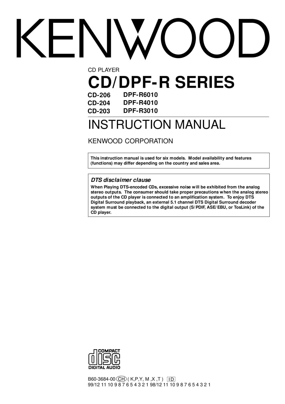 Kenwood DPF-R6010, DPF-R3010, DPF-R4010 instruction manual CD/DPF-R Series, DTS disclaimer clause 