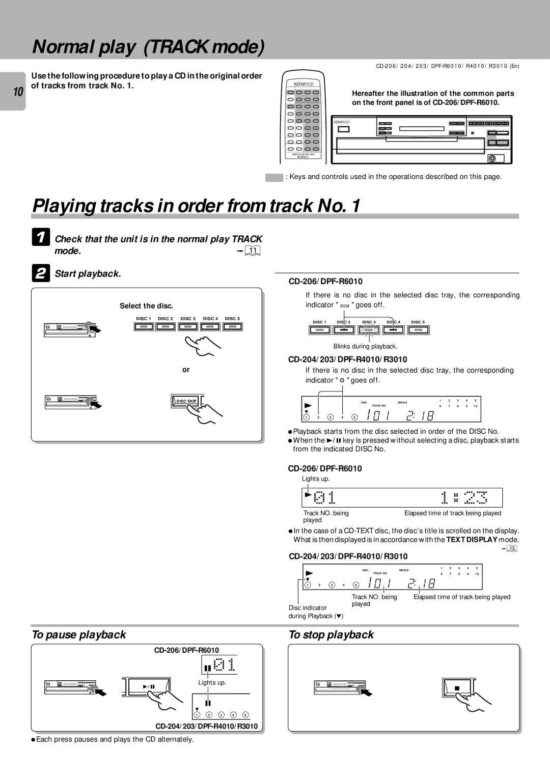 Kenwood DPF-R6010, DPF-R3010 Normal play Track mode, Playing tracks in order from track No, 123, To pause playback 