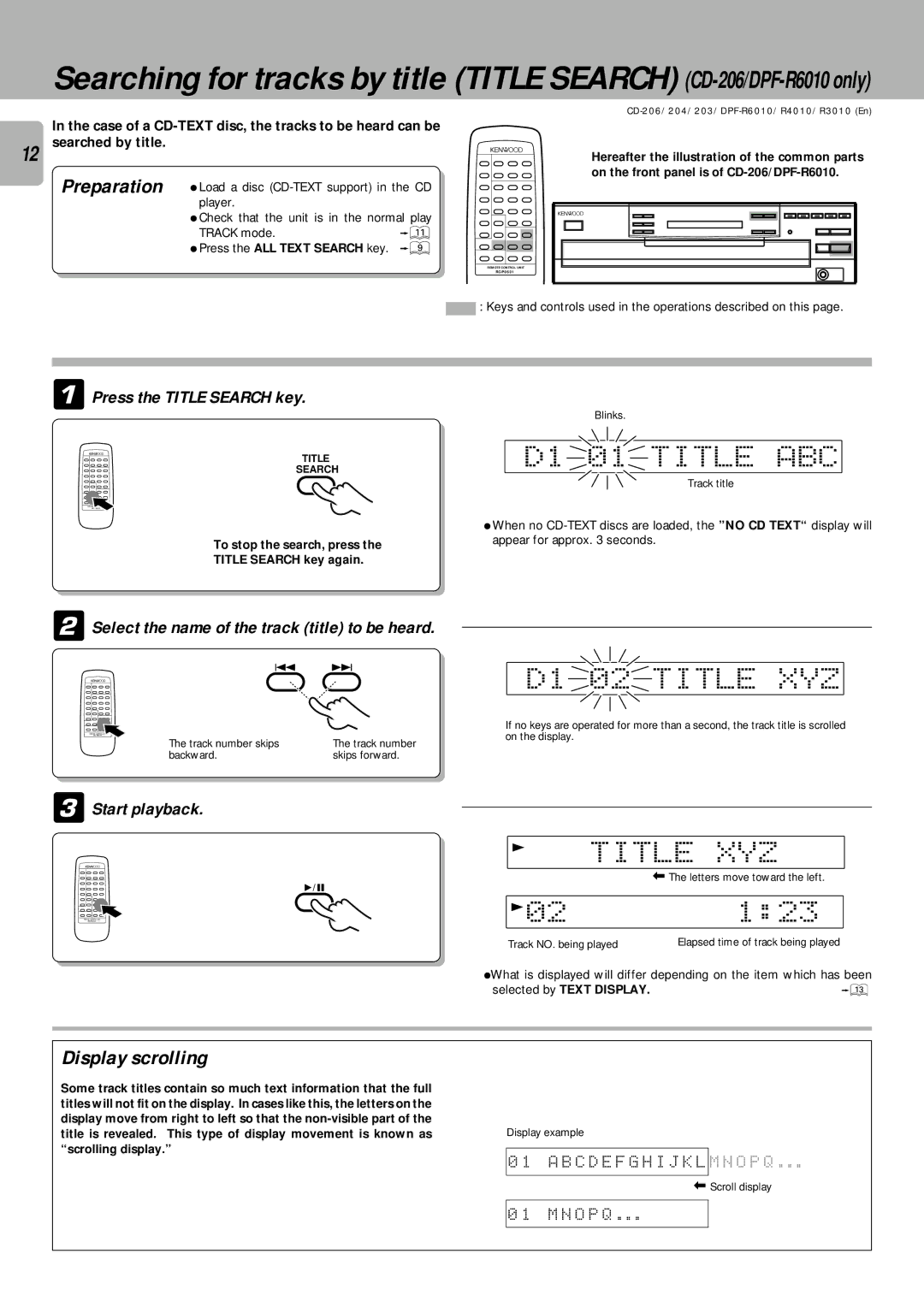 Kenwood DPF-R3010, DPF-R6010, DPF-R4010 instruction manual D1 01 Title ABC, D1 02 Title XYZ, Display scrolling 