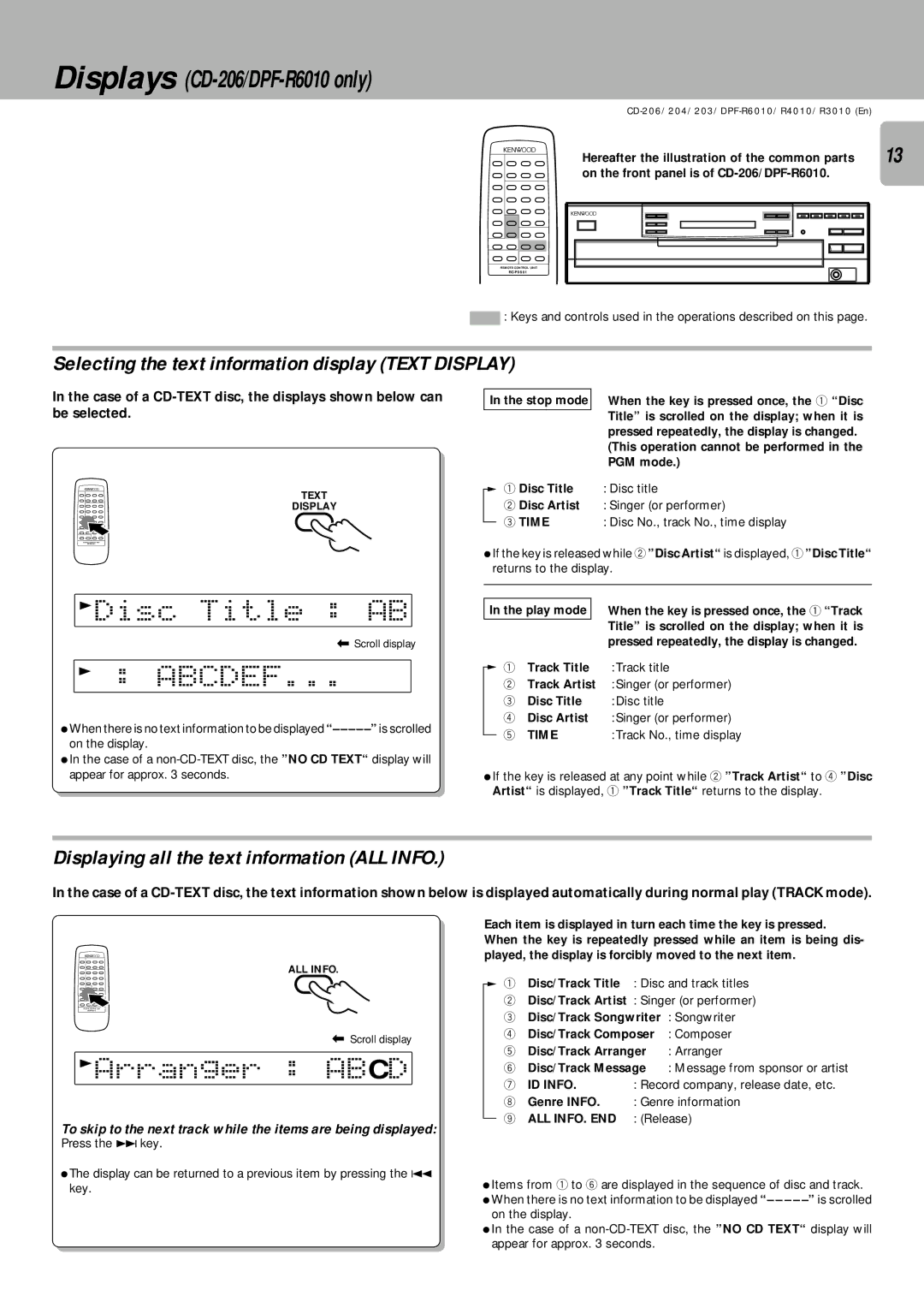 Kenwood DPF-R6010, DPF-R3010 Disc Title AB, Abcdef, Arranger Abcd, Selecting the text information display Text Display 