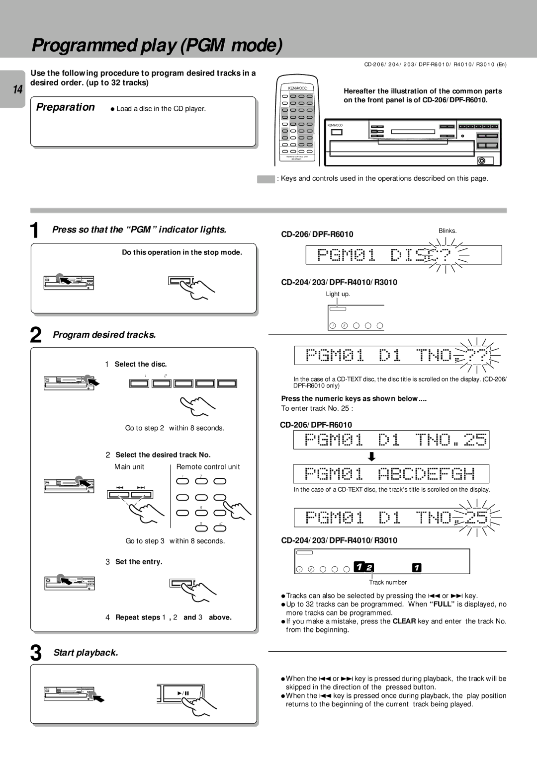 Kenwood DPF-R4010, DPF-R3010 Programmed play PGM mode, PGM01 DISC?, PGM01 D1 TNO.??, PGM01 D1 TNO.25, PGM01 Abcdefgh 