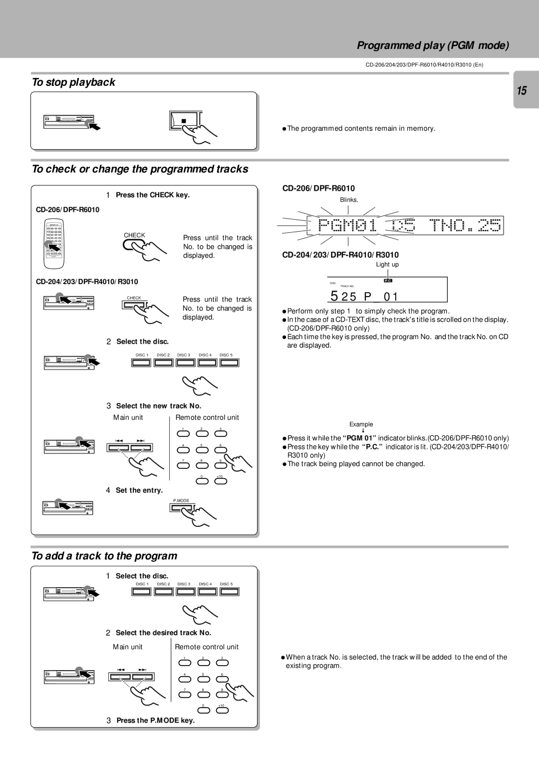 Kenwood DPF-R3010, DPF-R6010 PGM01 D5 TNO.25, Programmed play PGM mode, To stop playback, To add a track to the program 