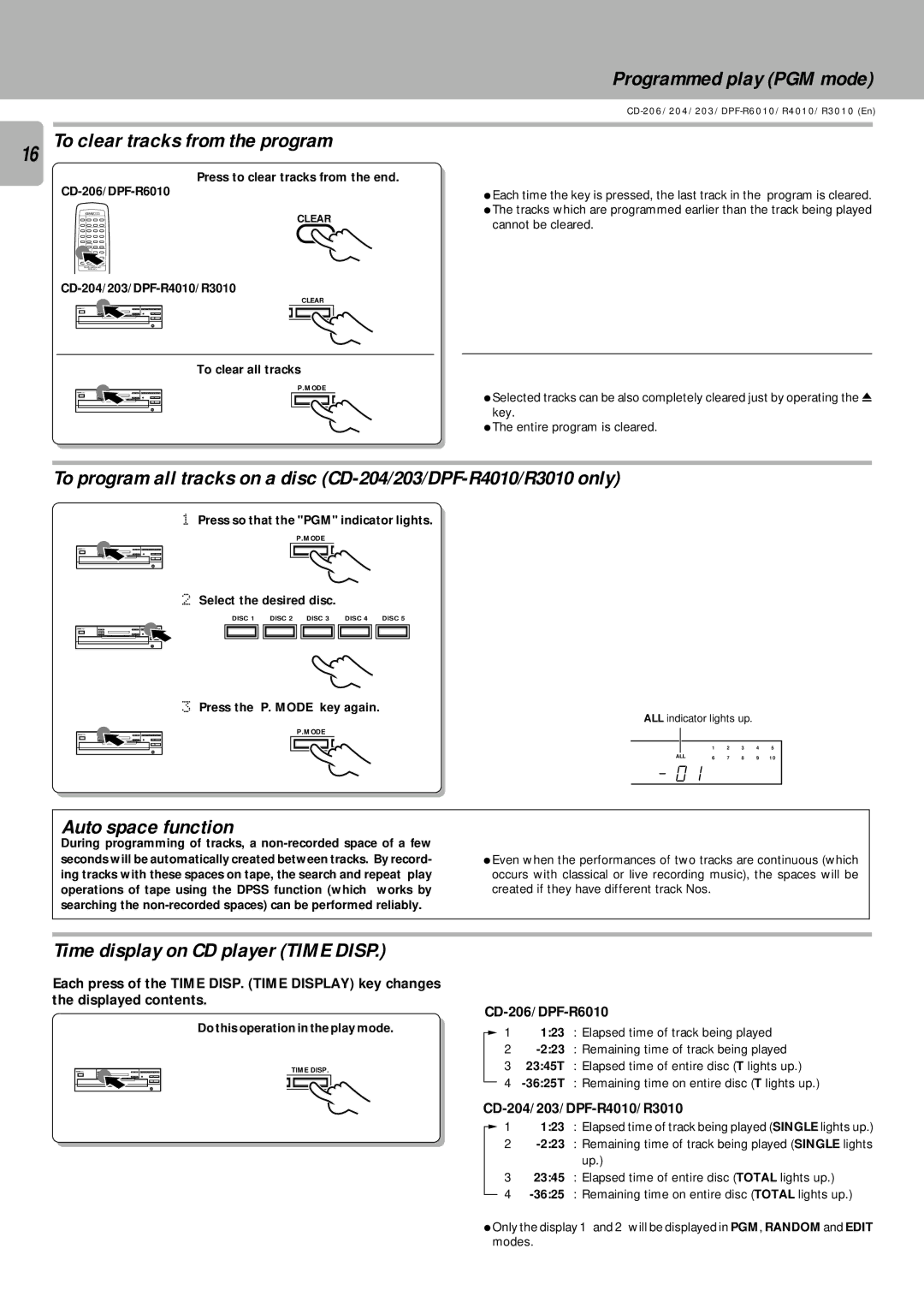 Kenwood DPF-R6010, DPF-R3010 To clear tracks from the program, Auto space function, Time display on CD player Time Disp 