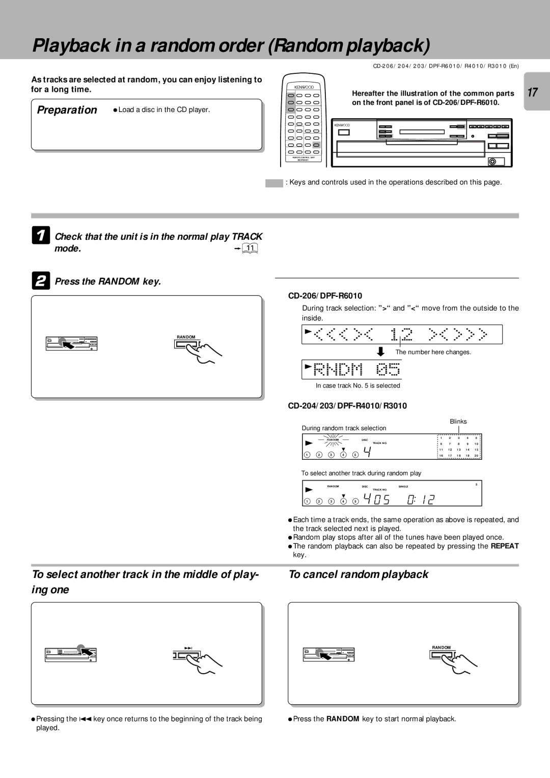 Kenwood DPF-R4010, DPF-R3010, DPF-R6010 Playback in a random order Random playback, Rndm, Preparation, Ing one 