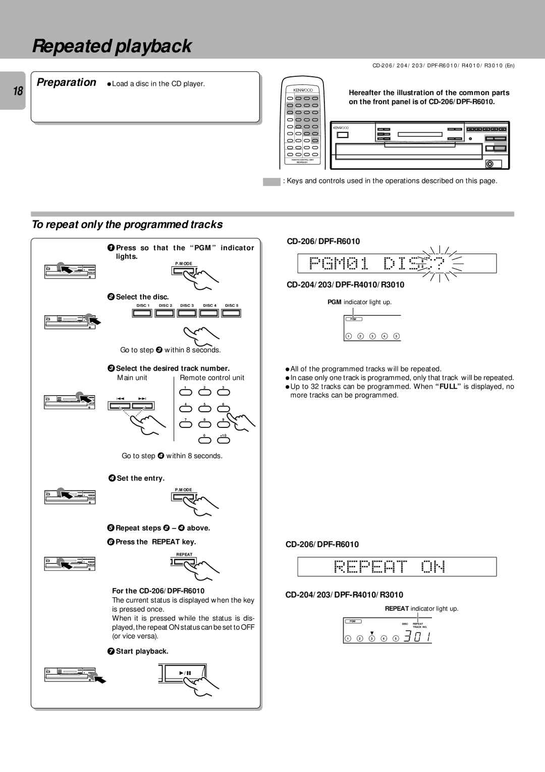 Kenwood DPF-R3010, DPF-R6010, DPF-R4010 instruction manual Repeated playback, Repeat on, To repeat only the programmed tracks 