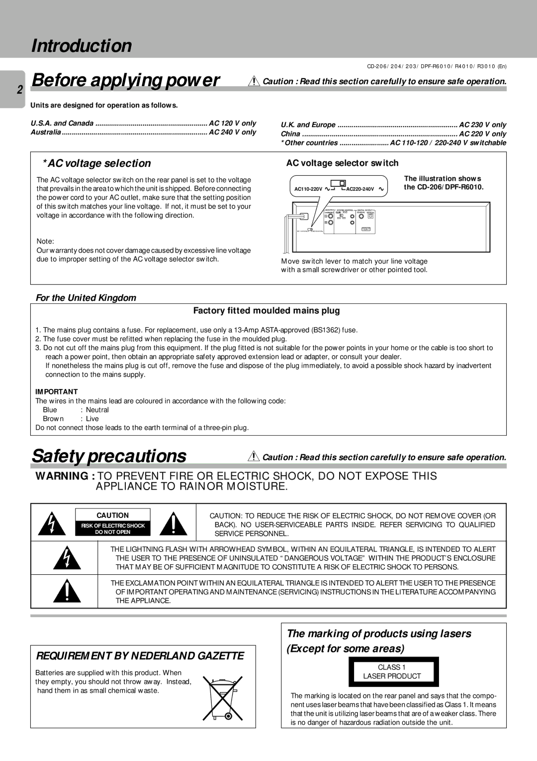 Kenwood DPF-R4010 Introduction Before applying power, Safety precautions, AC voltage selection, For the United Kingdom 