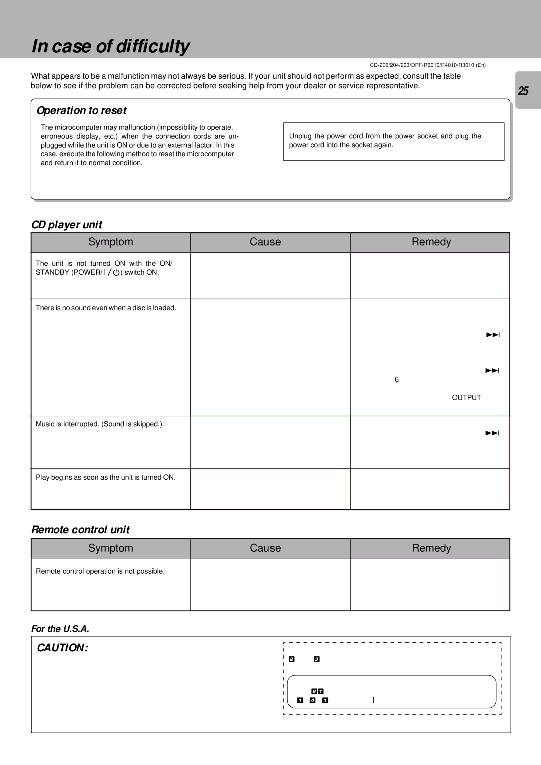Kenwood DPF-R6010, DPF-R3010 Case of difficulty, Operation to reset, CD player unit, Remote control unit, For the U.S.A 