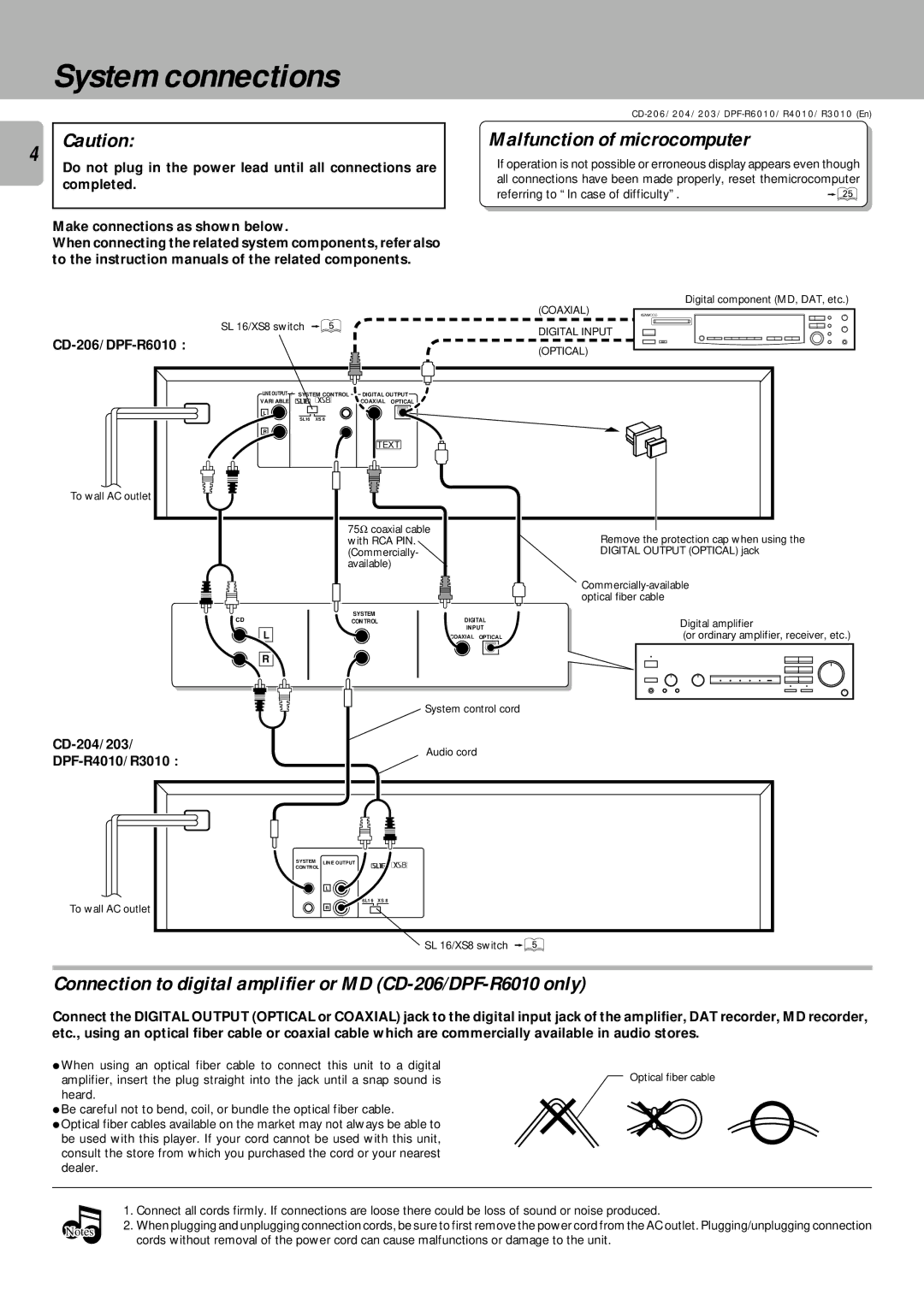 Kenwood DPF-R6010, DPF-R3010, DPF-R4010 instruction manual System connections, Malfunction of microcomputer 