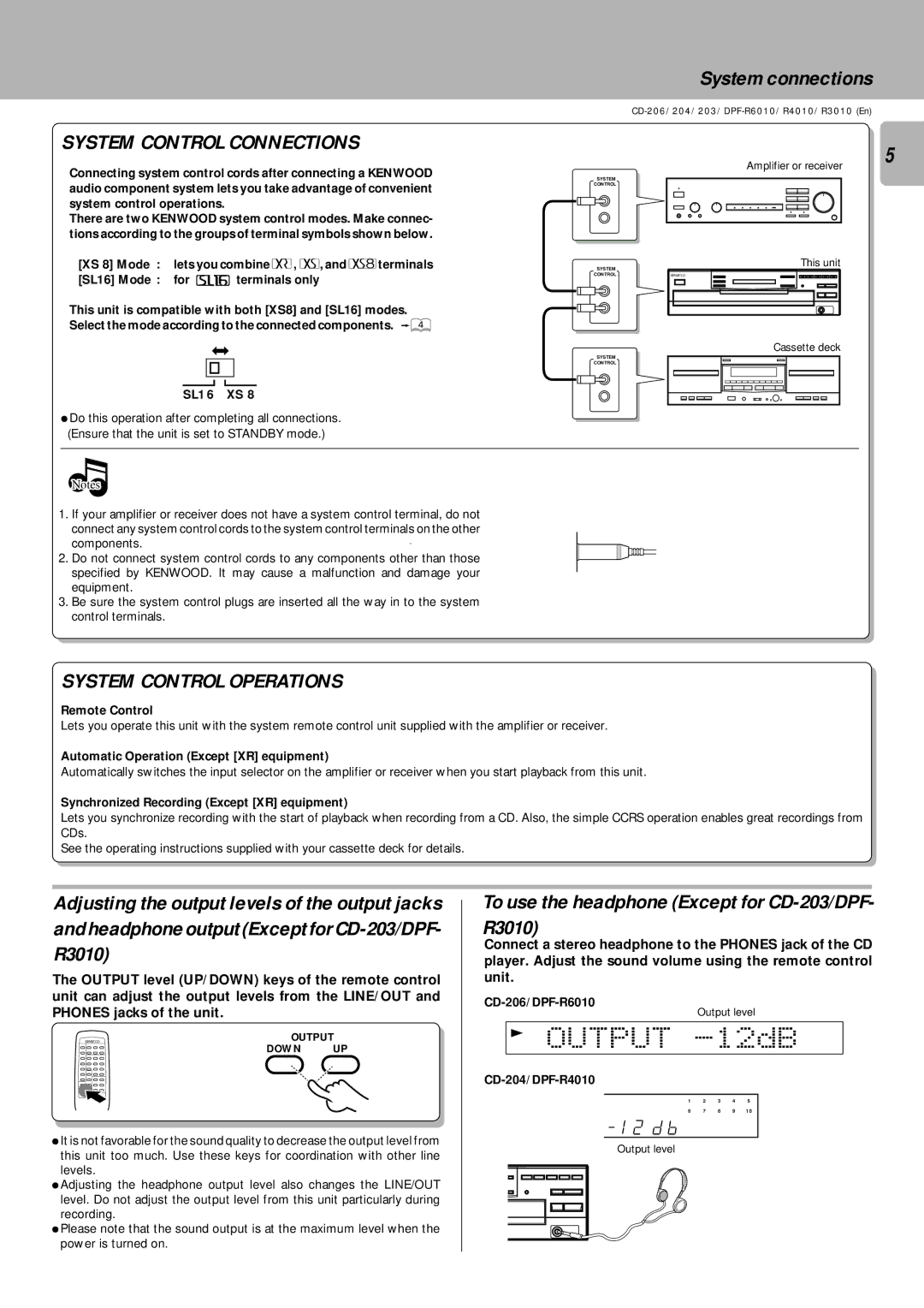 Kenwood DPF-R4010, DPF-R3010, DPF-R6010 Output -12dB, System connections, To use the headphone Except for CD-203/DPF- R3010 