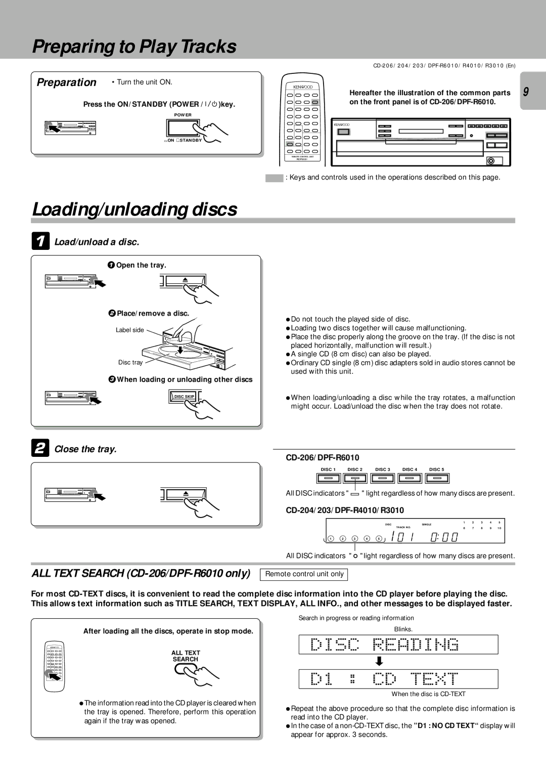 Kenwood DPF-R3010, DPF-R6010, DPF-R4010 instruction manual Disc Reading D1 CD Text, Load/unload a disc, Close the tray 