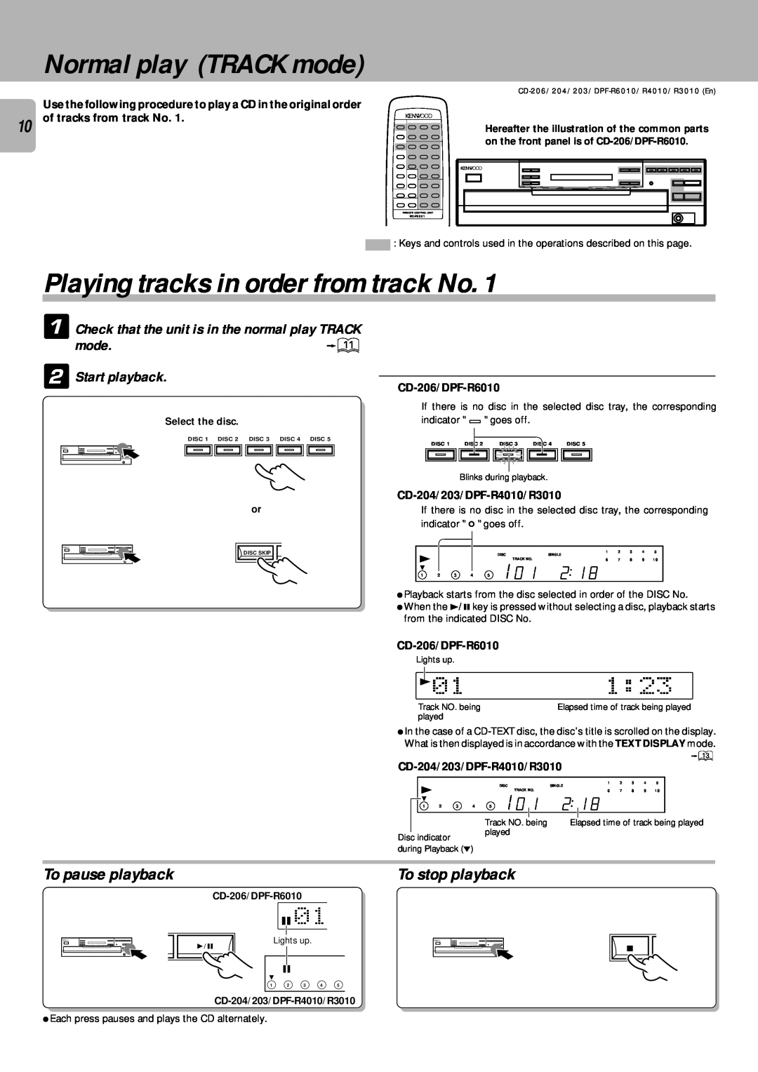 Kenwood DPF-R6010 Normal play TRACK mode, Playing tracks in order from track No, To pause playback, mode 2Start playback 