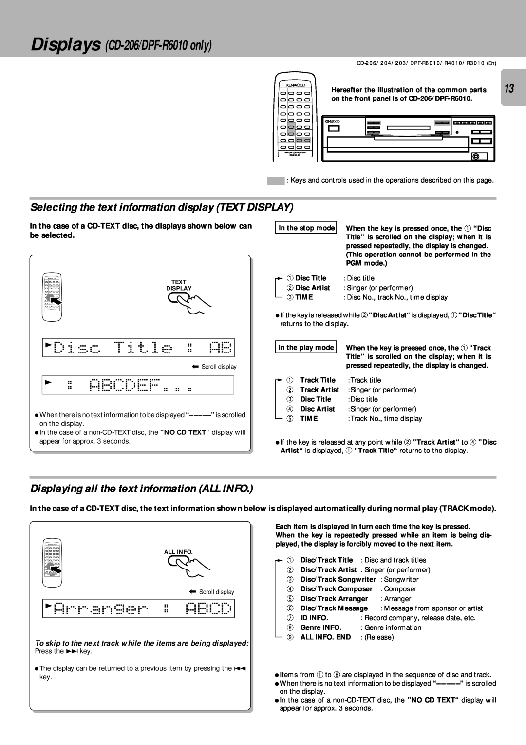 Kenwood DPF-R3010, DPF-R4010 instruction manual Displays CD-206/DPF-R6010only, Disc Title AB, Abcdef, Arranger ABCD 