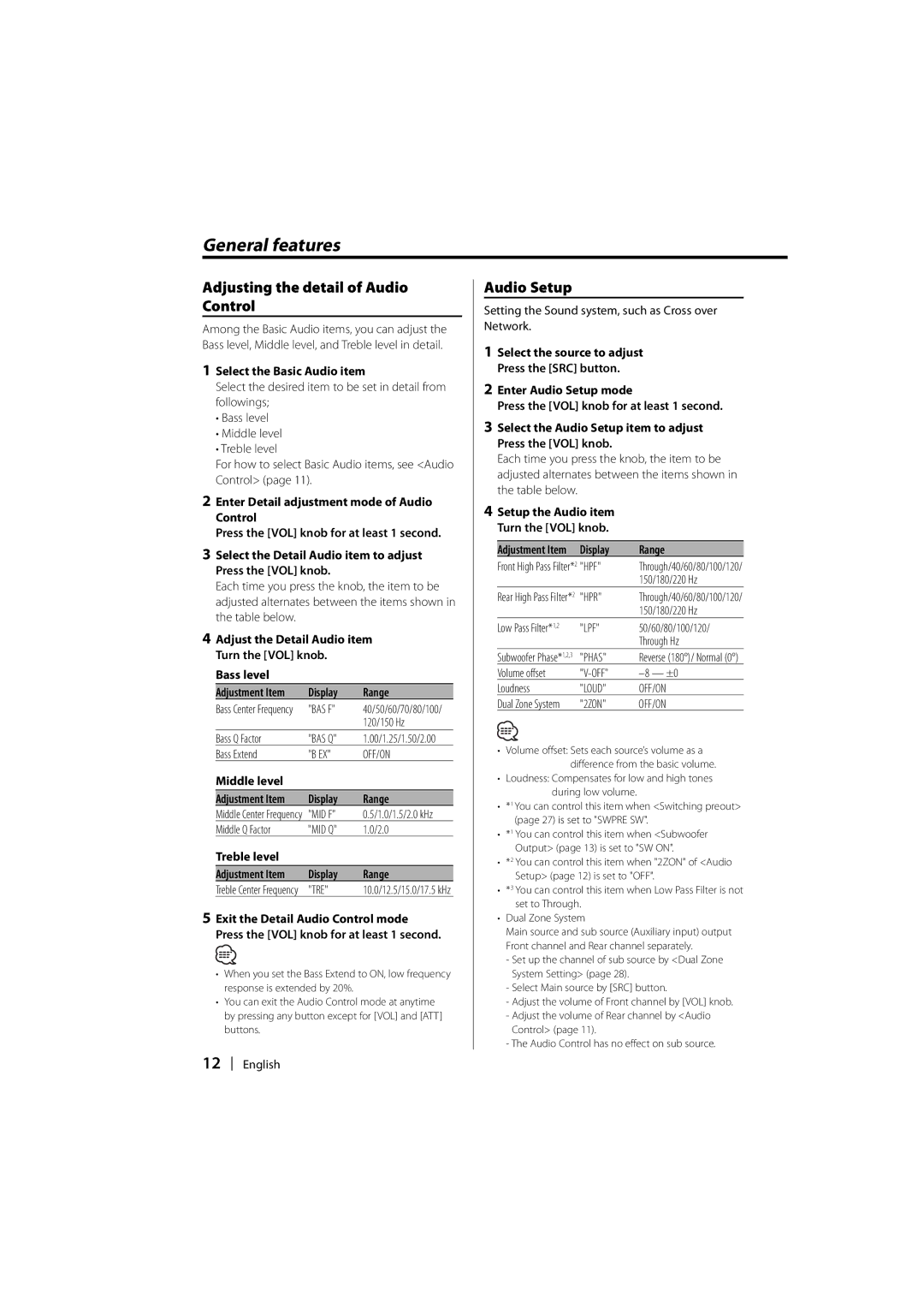 Kenwood DPX-MP2090U instruction manual Adjusting the detail of Audio Control, Audio Setup 