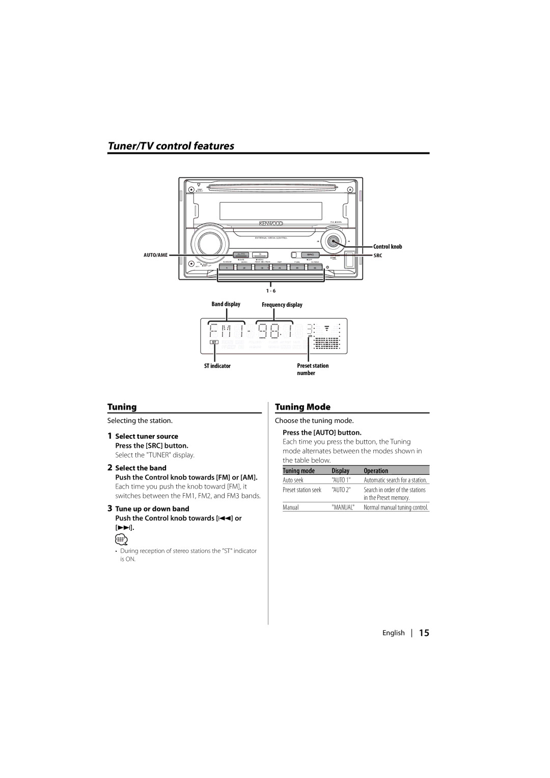 Kenwood DPX-MP2090U instruction manual Tuner/TV control features, Tuning Mode 