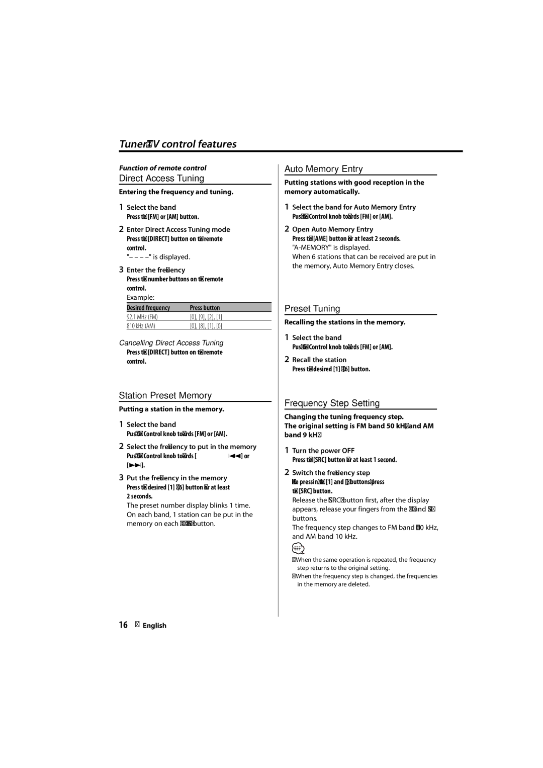 Kenwood DPX-MP2090U Direct Access Tuning, Station Preset Memory, Auto Memory Entry, Preset Tuning, Frequency Step Setting 