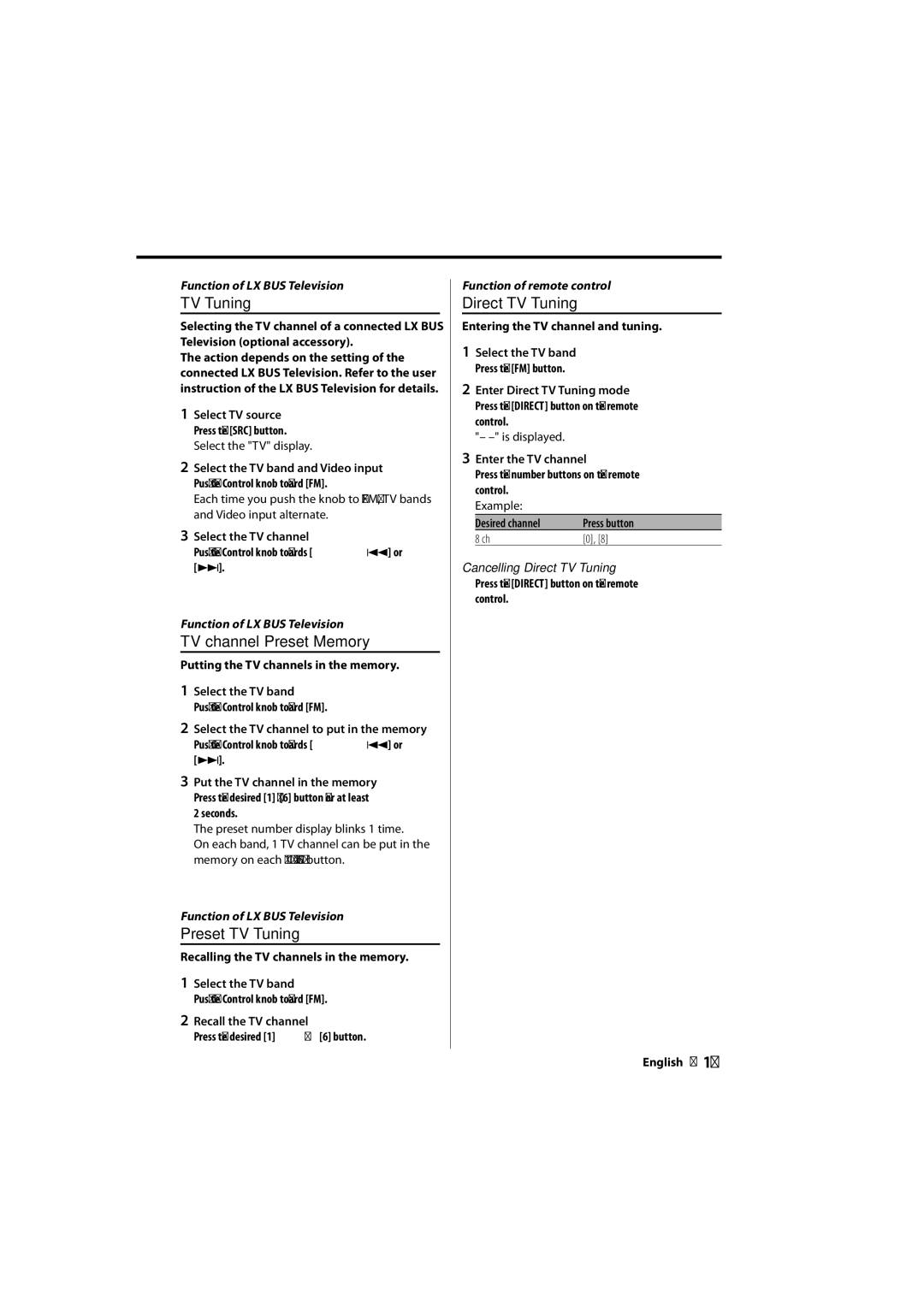 Kenwood DPX-MP2090U instruction manual TV channel Preset Memory, Preset TV Tuning, Cancelling Direct TV Tuning 