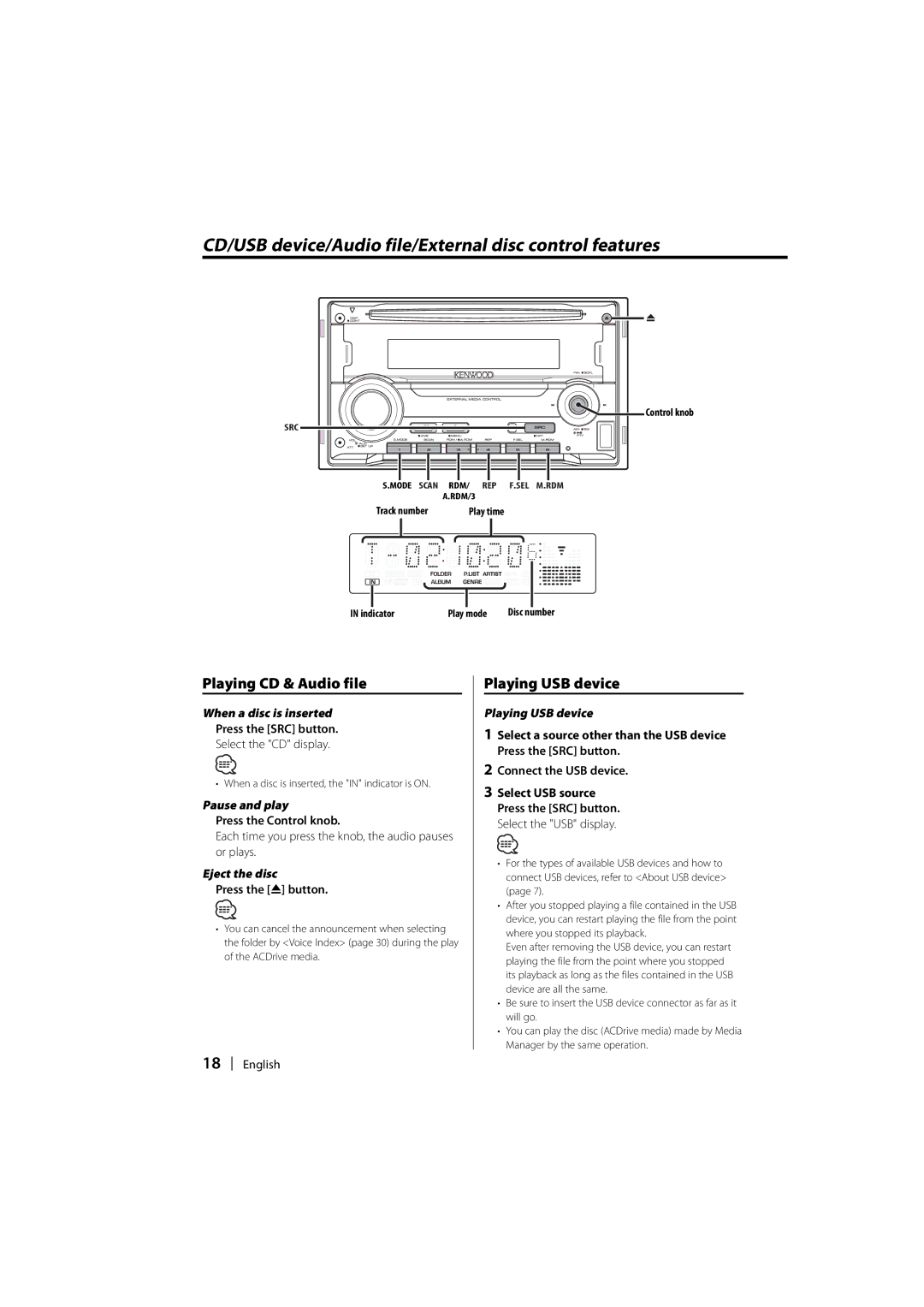 Kenwood DPX-MP2090U CD/USB device/Audio file/External disc control features, Playing CD & Audio file, Playing USB device 